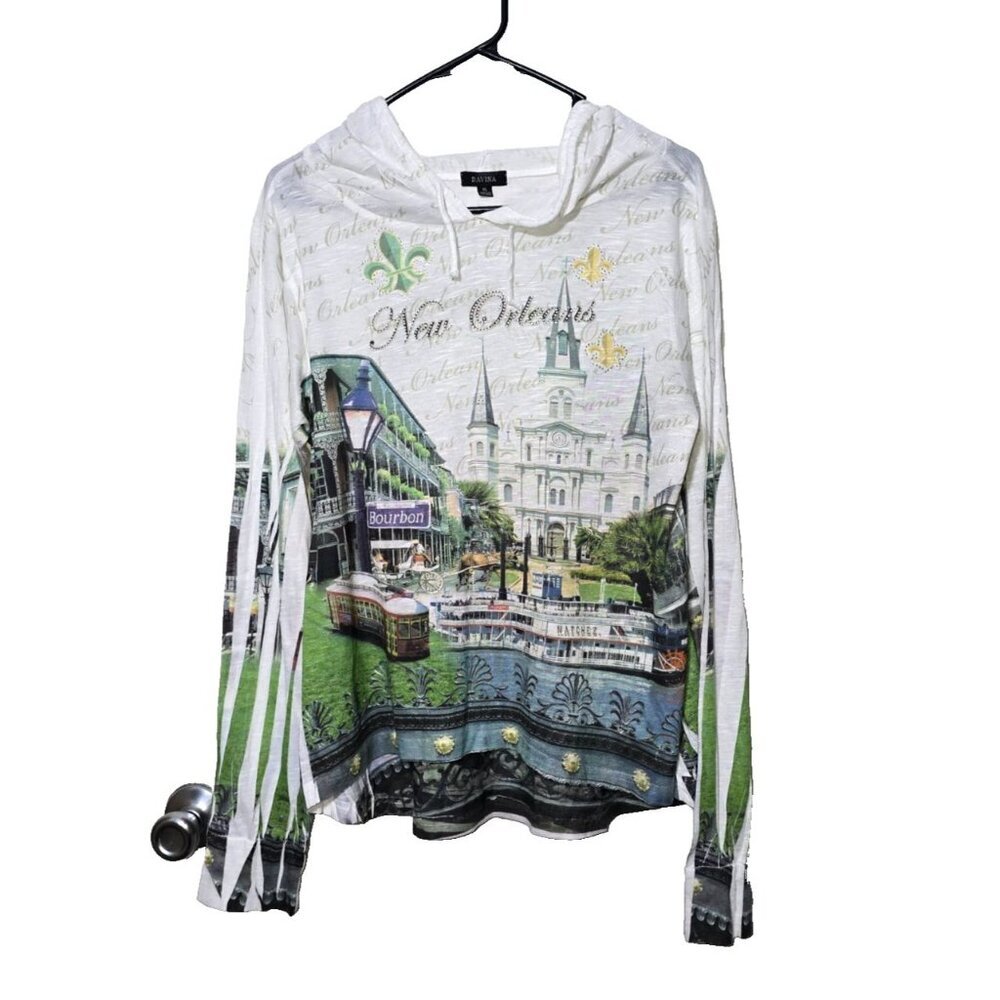 DAVINA Hooded Shirt XL New Orleans Scenic Artsy Long Sleeve Casual Studded NOLA